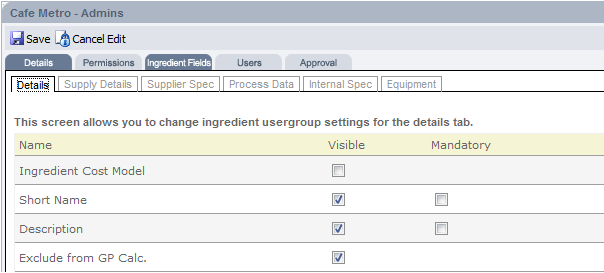 Fig 6 - Editable Ingredient Fields for a User Group