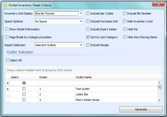 Outlet Inventory Sheet Report Criteria