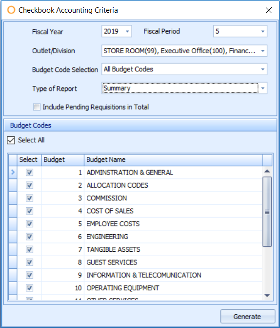 Fig.2 - Report Criteria for the Checkbook Accounting Report