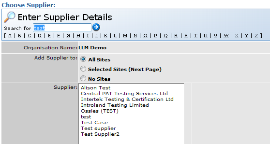 Supplier list meeting the search criteria