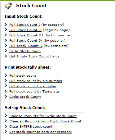Fig.2 This image shows the available options when the stock count link is selected