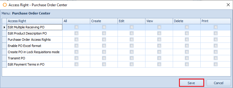 purchase order center additional access rights