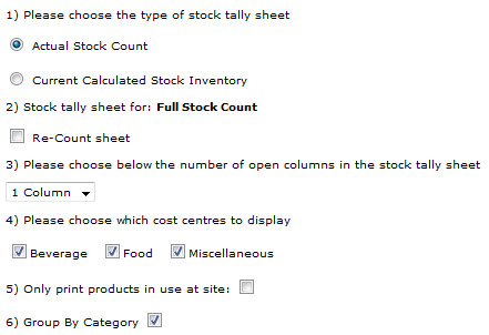 Fig 4 - Printed Stock Tally Sheet Options