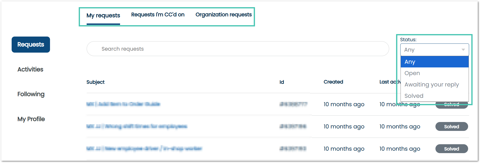My Requests Pageview with Ticket Status Filters